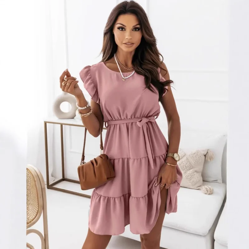 فستان نسائي صيفي أنيق أوروبي وأمريكي بلون سادة ورقبة دائرية وأكمام قصيرة وربطة عنق مكشكشة #2