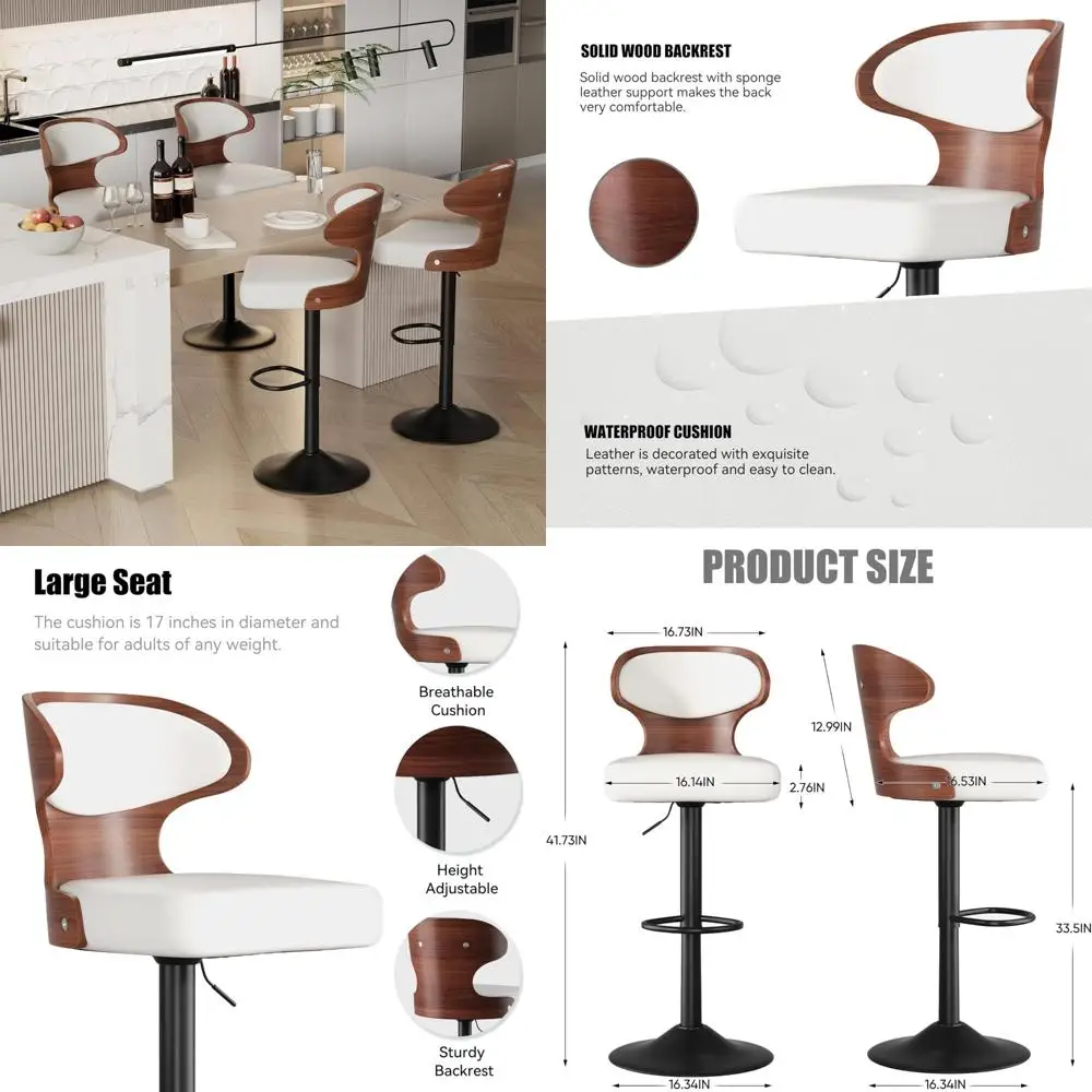 

Set of 4 Adjustable Height Swivel Faux Leather Upholstered Bentwood Bar Stools with Backrest and Footrest