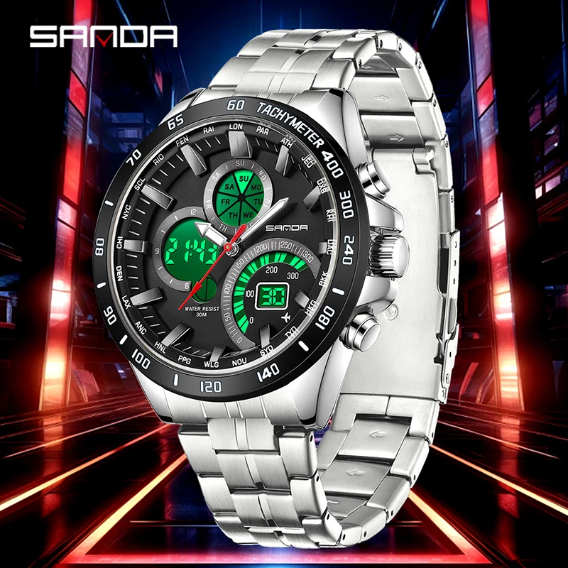 Sanda 3175 Hot Selling Men\'s Electronic Quartz Watch Full Steel & Silicon Core Black Technology Multi Functional Waterproof