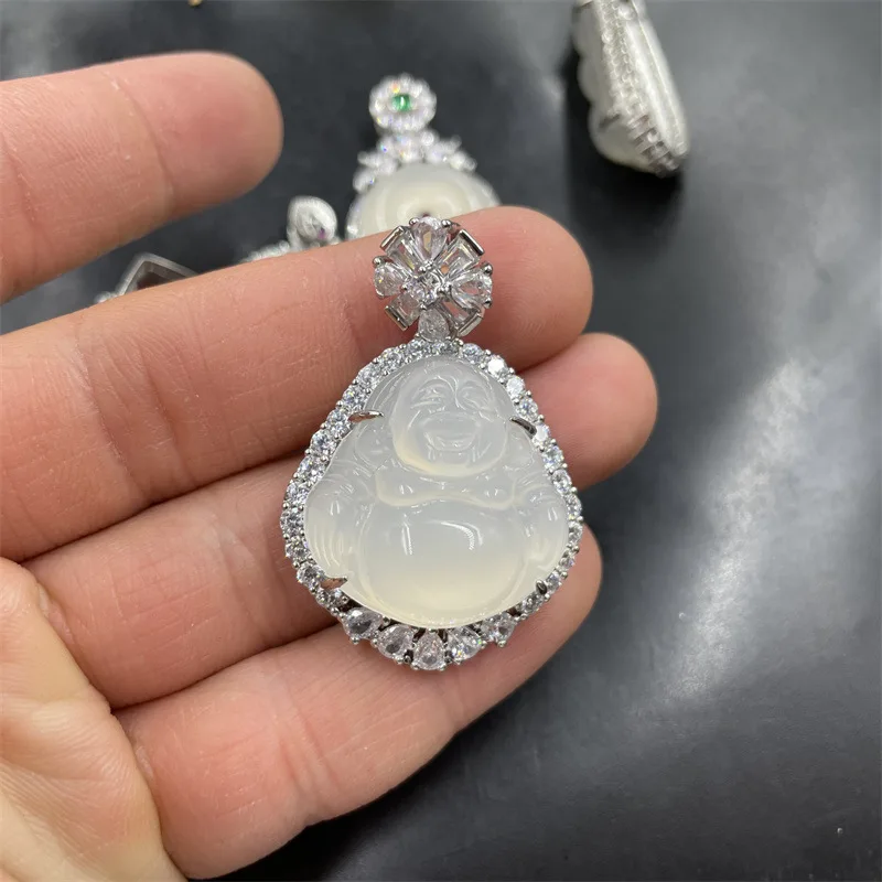 Inlaid White Chalcedony Agate Maitreya Buddha Sauteed Green Beans Peace Chicken Hearts Pendant