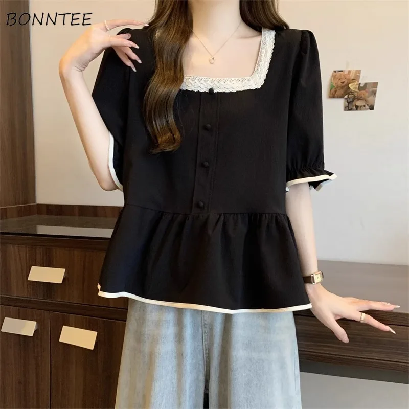 Blouse Women Ruffles Square Collar Summer Loose Fit Chic Panelled Trendy All-match Korean Fashion Cozy Students Harajuku Tops