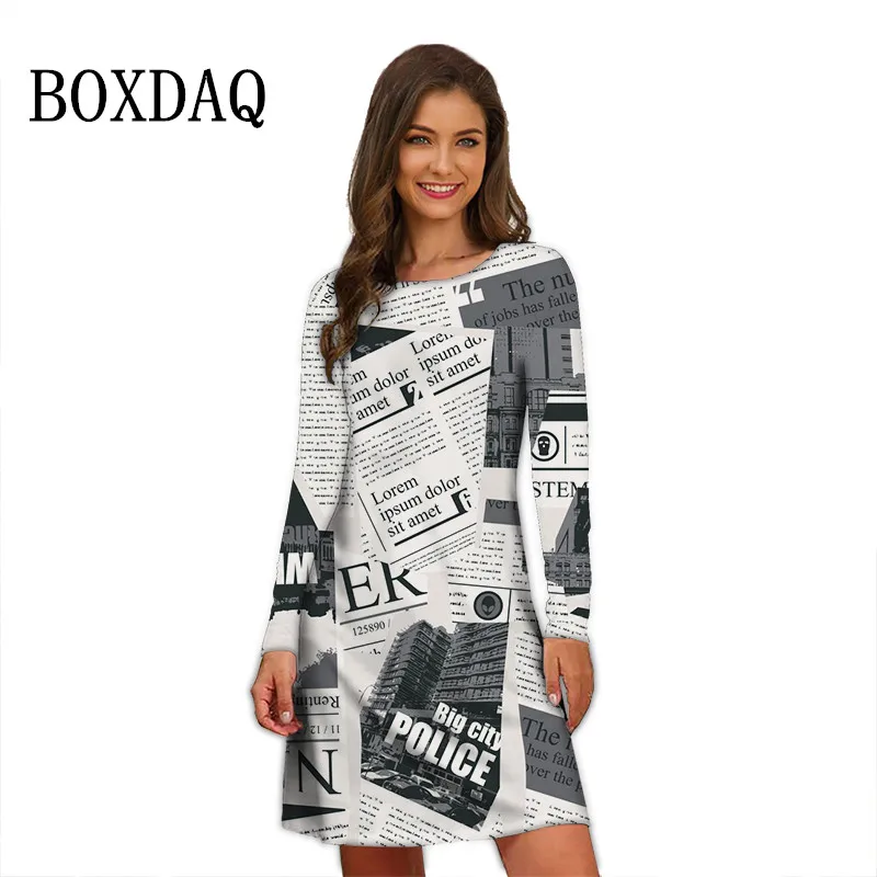 Streetwear Casual Letters Newspaper News Print Dresses Women For 2022 Fashion Clothing Long Sleeve O-Neck Loose Oversized Dress