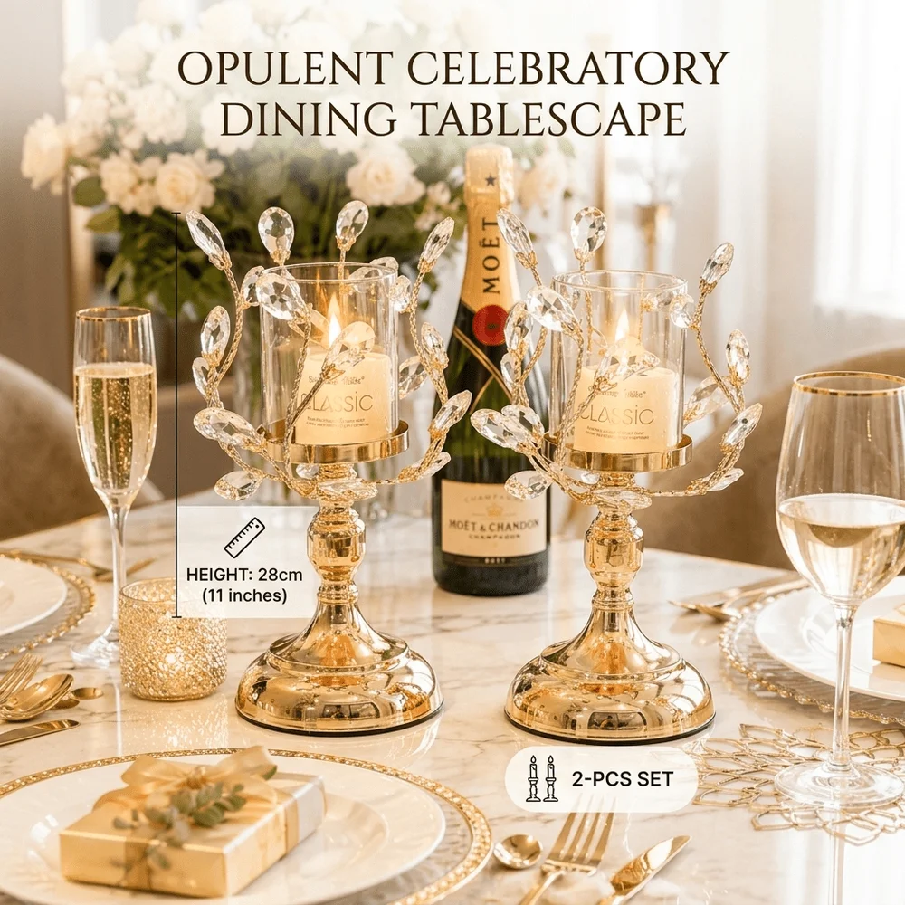 Candle Holder Set - Gold Crystal Candle Holder Set, Glass