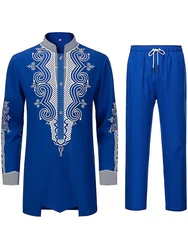 New Men's Muslim Robe Yellow Navy Blue Long Sleeve Pants Arab Men's Traditional Dress Traditional 3D Printed Black And White