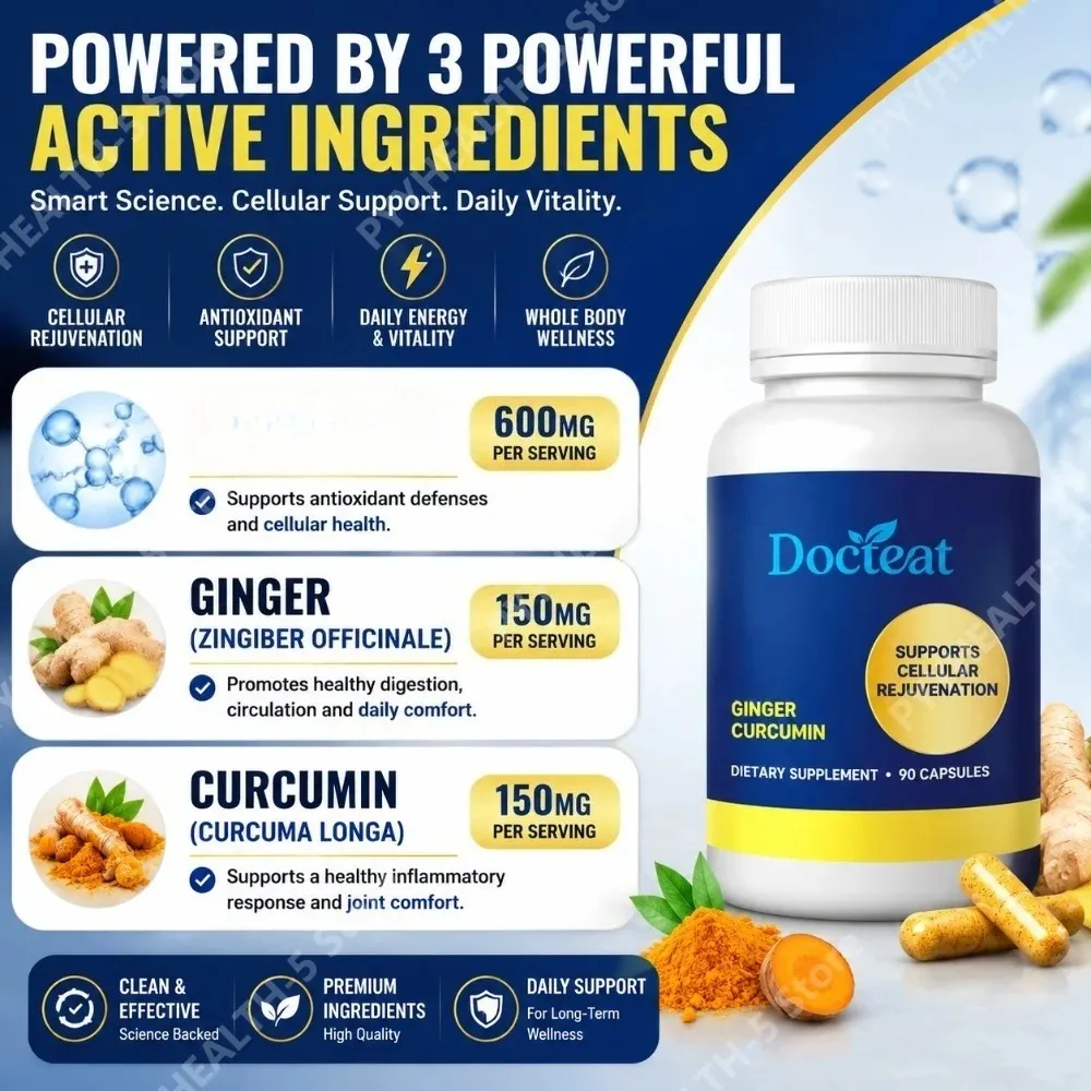 Docteat Curcumin Capsules with Ginger for Unisex Adults, Supports Comfort and Balance, Plant-based Formula, 90 CT