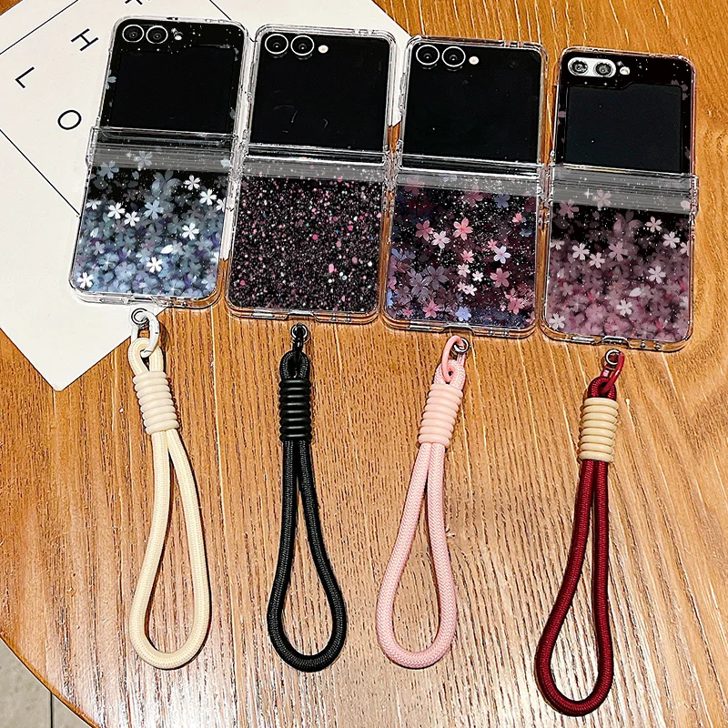 Cherry Blossom Lanyard Phone Case For Samsung Galaxy Z Flip 8 7 FE 6 5 4 3 5G Folding Hard Clear Cover For Samsung Z Flip7 Flip6