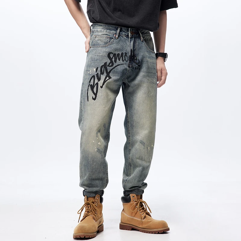 Vintage heavy personalized letter print washed men's jeans loose small straight American high street pants men's models