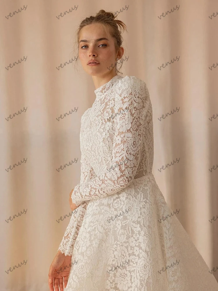 فساتين زفاف رائعة على شكل حرف A من الدانتيل زي العرائس بأكمام طويلة للحفلات الرسمية أنيقة من فيستدوس دي نوفيا مخصصة 2025