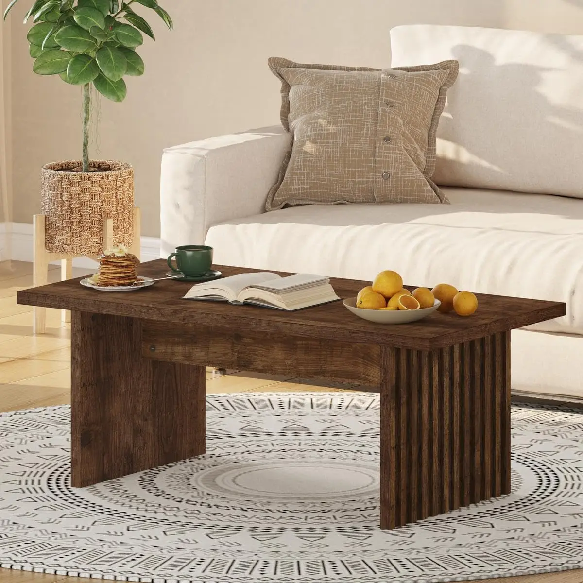 

Coffee Table for Living Room, Farmhouse Wood Center Table, Rectangle Mid-Century Living Room Tables, Unique Fluted, Customized