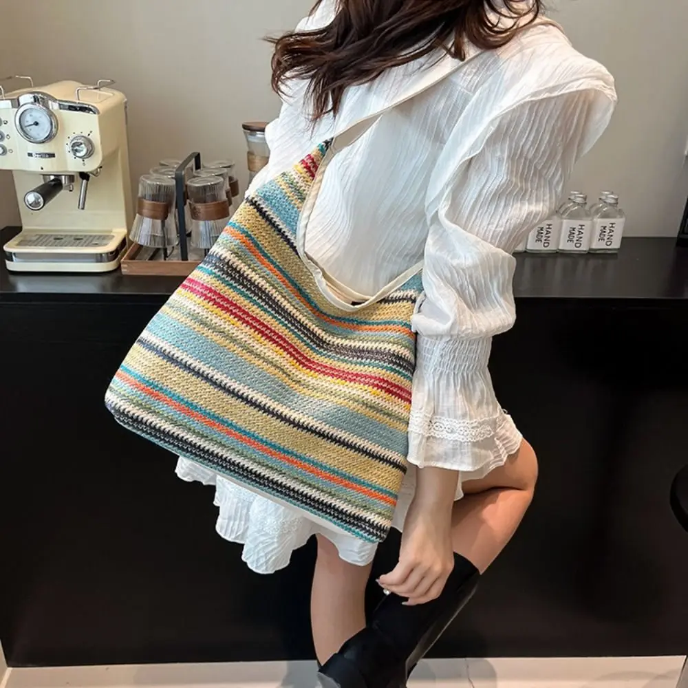 

Модная пляжная сумка из плетеной соломенной сумки большой емкости в богемном стиле Радужная пляжная сумка Ленивый стиль Полая большая сумка Лето