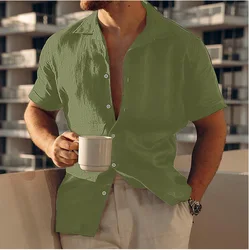 Men's Summer Beach Shirt Short Sleeve Linen Button Solid Color Casual Single-breasted Shirt Plain Color Lapel Casual