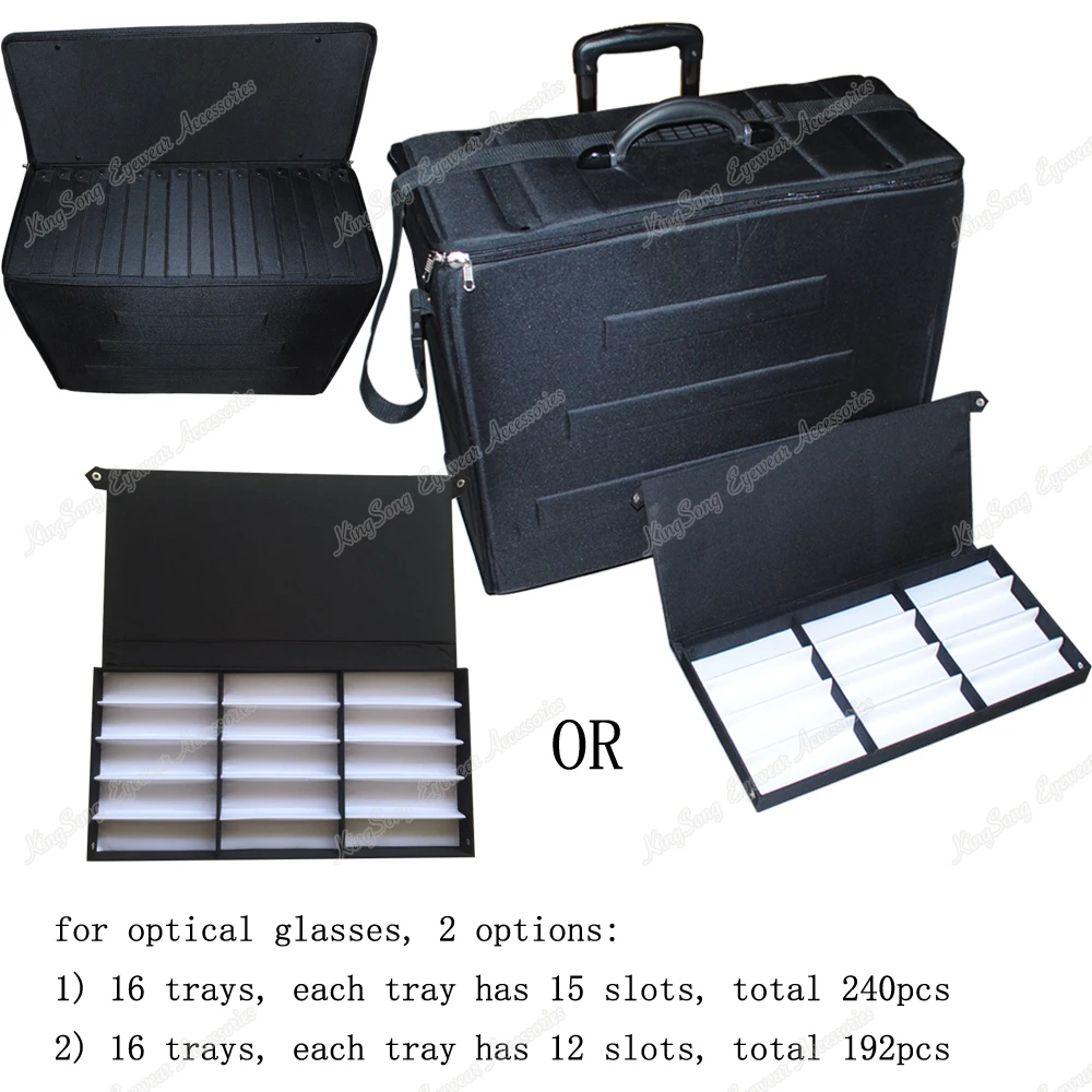 Sunglass Optical Frame EVA Suitcase Eyeglass Storage Case Display Tray Eyewear Sample Carrying Bag with Telescopic Puller Wheels