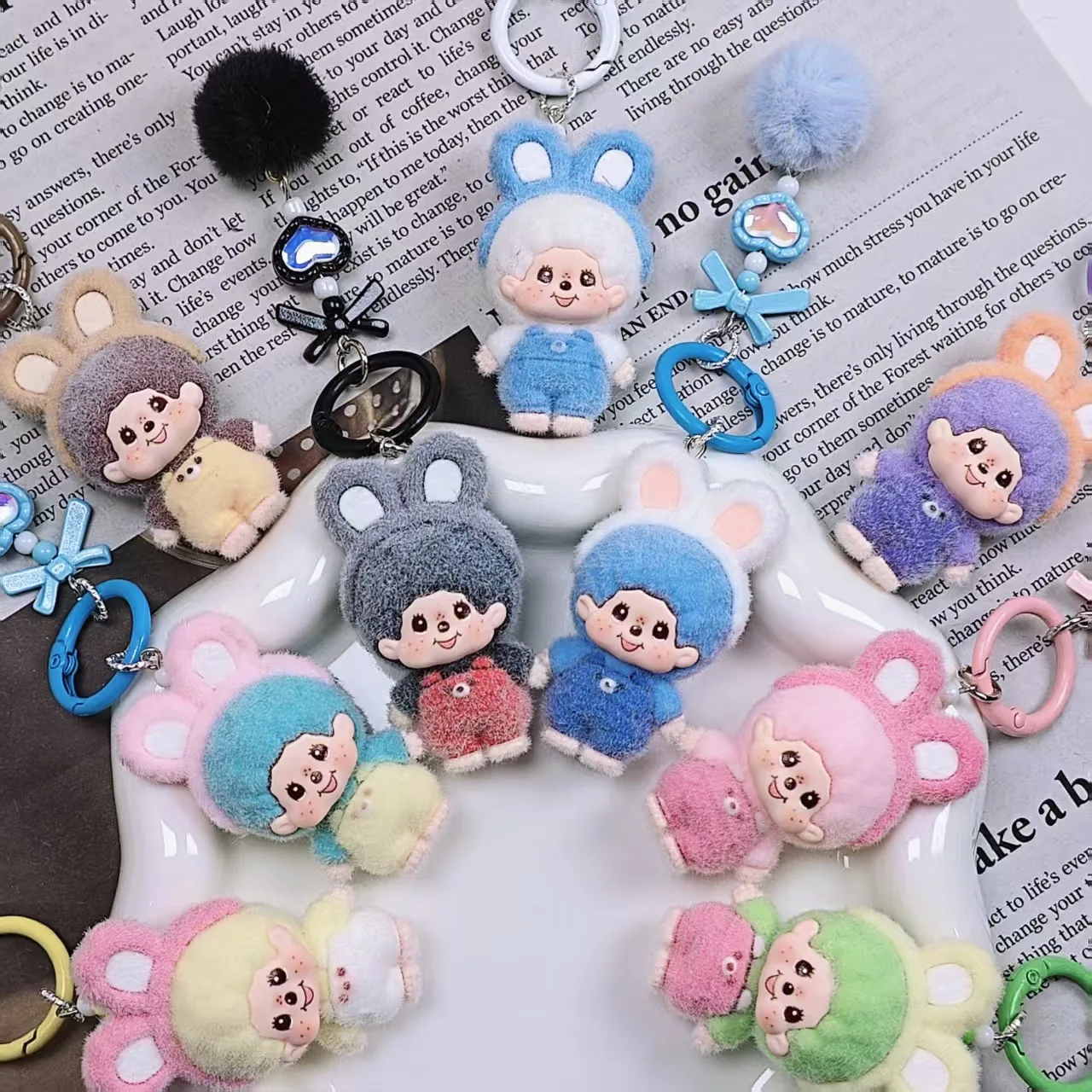 Flocking Monchichi Keychains with Bow Cute Monchichi Keychain Pendant for Bags Anime Bags Charm Keyring Girls Bag Pendant Gifts