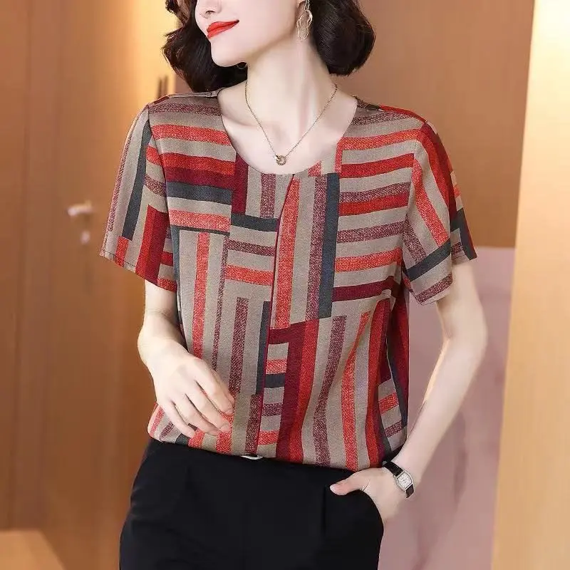 Vintage Contrast Loose T Shirts Summer New Short Sleeve Irregular Printing Plus Size Tops Tees Casual Fashion Women Clothing