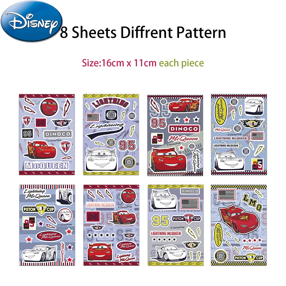 8/16sheets Disney Anime Cars Lightning Mcqueen Stickers Funny Cartoon Kids DIY Decals Toy Stationery Laptop Phone Sticker Decor