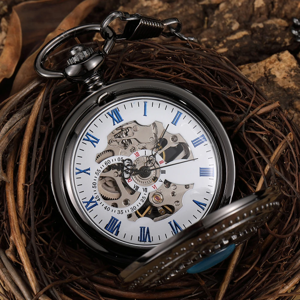 Hand Wind Mechanical Pocket Watch Pendant Black Silver Classical Vintage Costume Pocket Watches for Men Vest Necklace Watches