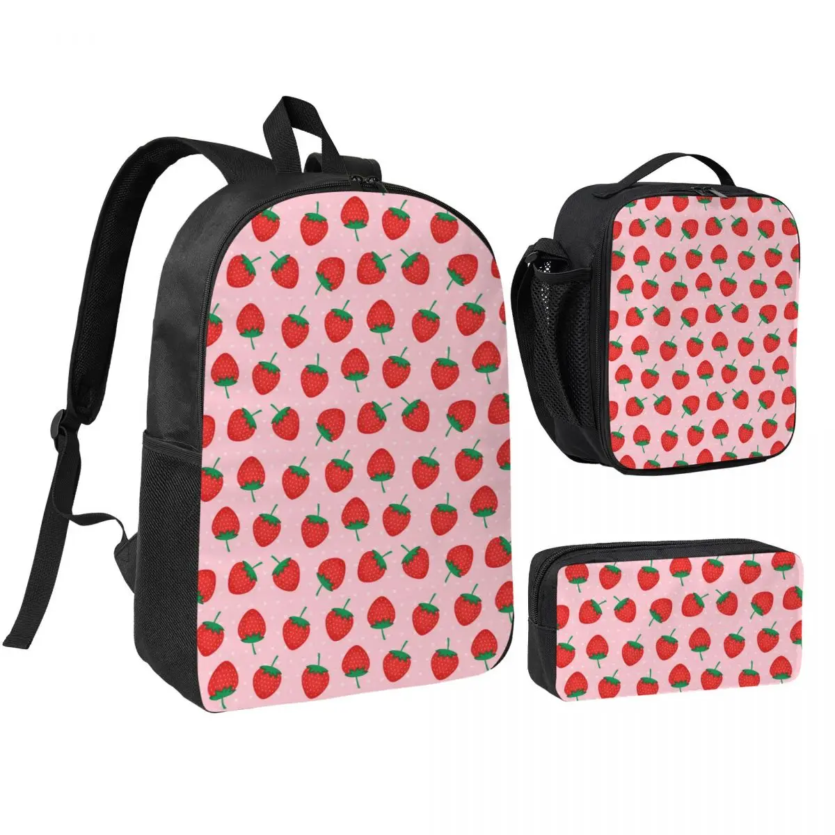 

Pink Summer Strawberries Print Backpack Boys Girls BookBag School Bag Shoulder Bags 3ps Insulated Lunch Bag Pencil Case