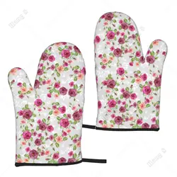 Rose Flowers Vintage Pattern Oven Mitts Heat Resistant Kitchen Gloves 2pc for Women Cooking Baking BBQ One Size Print