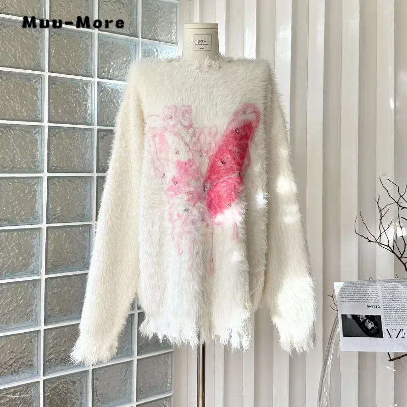 

2023 Autumn Winter Sexy Casual Y2K Knitting Long Sleeve Pullovers Korean Fashion Women Print Loose Fit Ladies Sweater Top