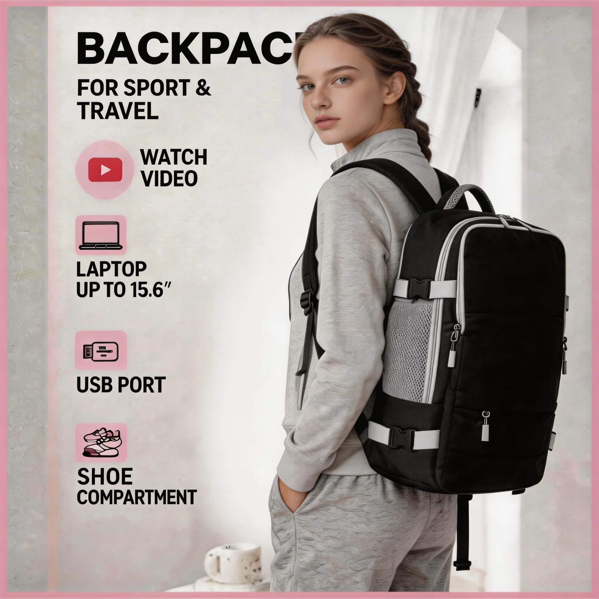 Mochila de Viaje Rosa para Mujer, Gran Capacidad, Impermeable, Casual, para Fin de Semana, Escuela, Portátil, con Múltiples Bolsillos
