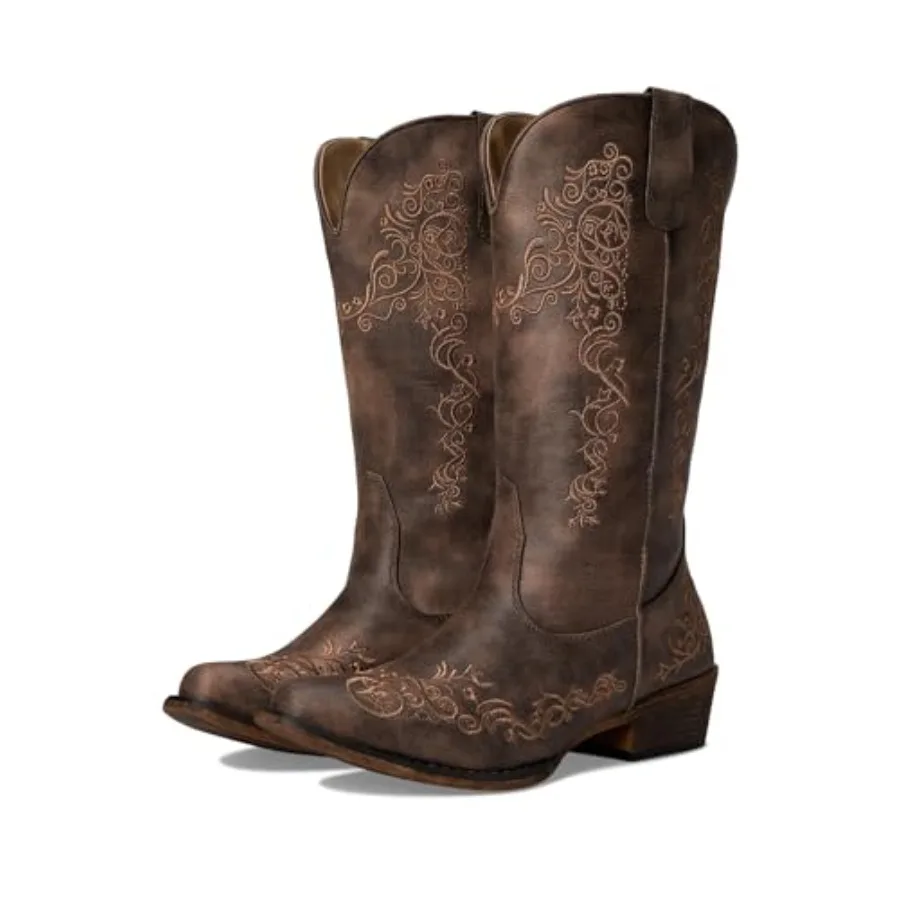 Botas Vaqueras Riley Scroll para Mujer, Caña de 12 Pulgadas, Estilo Vintage, Punta Redonda, Suela Flexible de TPR y Plantilla Acolchada