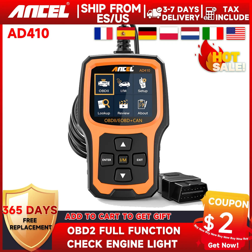 Ancel AD410 OBD2 Scanner Code Reader Car Diagnostic Scan Tool Check Engine Fault Light Emission Analyzer ODB OBD 2 Scan Tool