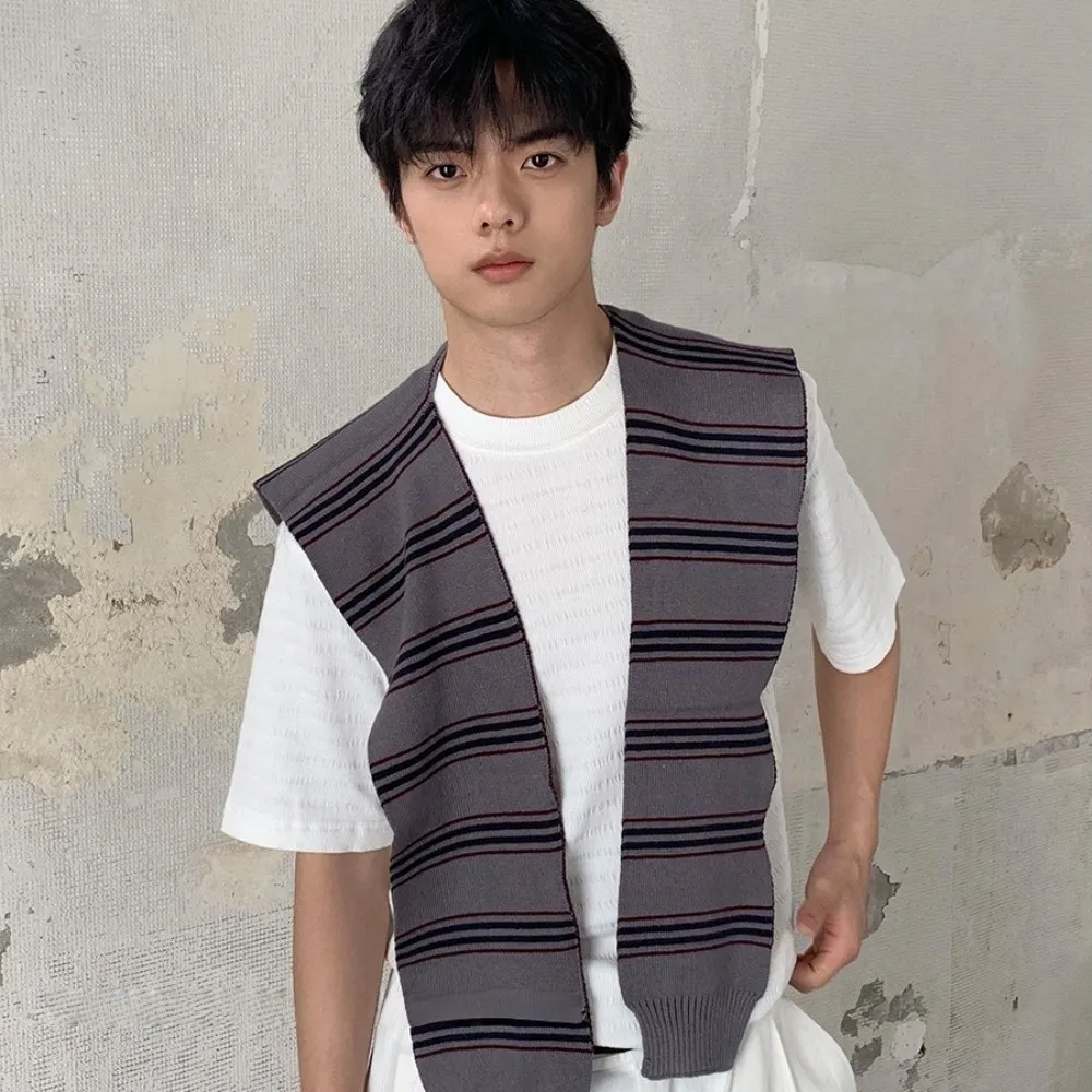 Simples clássico masculino malha xale envolve estilo coreano listra cachecol atado manto colar falso envolve blusa