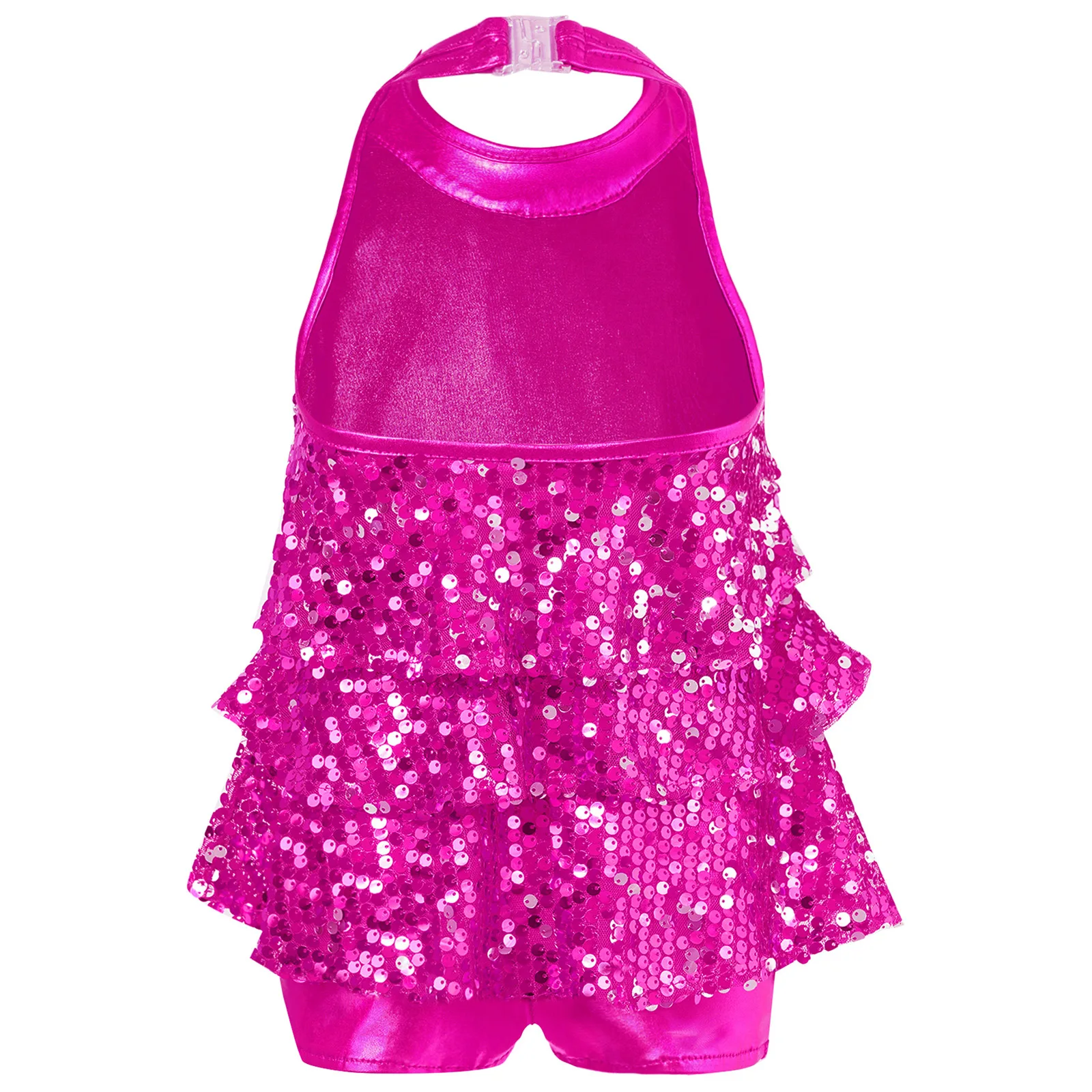 Kids Girls Halter Shiny Sequins Modern Jazz Latin Ballet Dance Costume Shorty Unitard Dress Stage Performance Dancewear