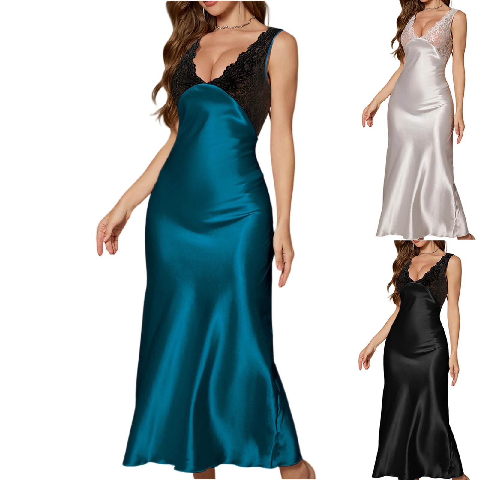 Women'S Nightdress Peacock Blue Satin Material Lace Splicing Backless Long Skirt Home Clothes Home Sleeping Scene Simple