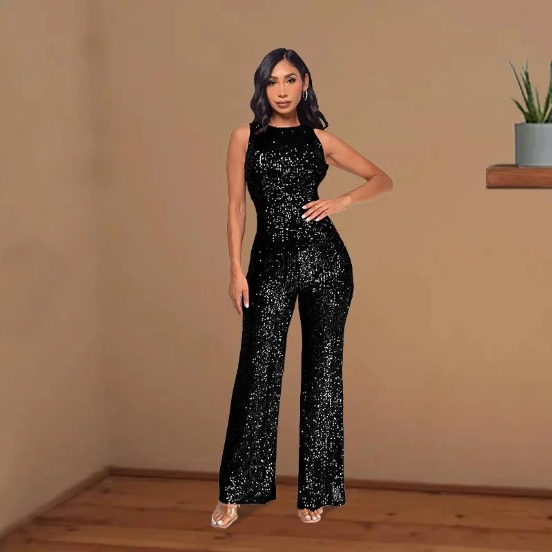 

Women's Svel Sequined Jumpsuit High Waist Long Pants Autumn 202 Faion Ladies' One-Piece Suit Glittering Par Wear
