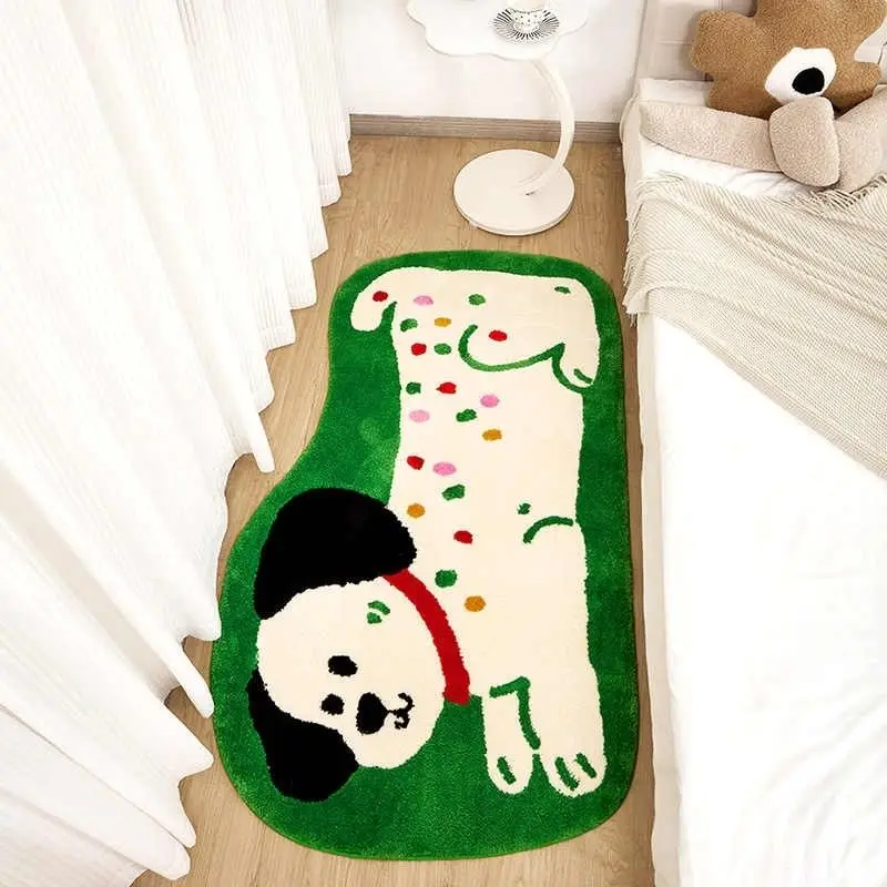 

Soft Fluffy Bedroom Rug Cute Dog Bedside Area Rugs Non-slip Floor Mat Machine Washable Carpet Room Decor