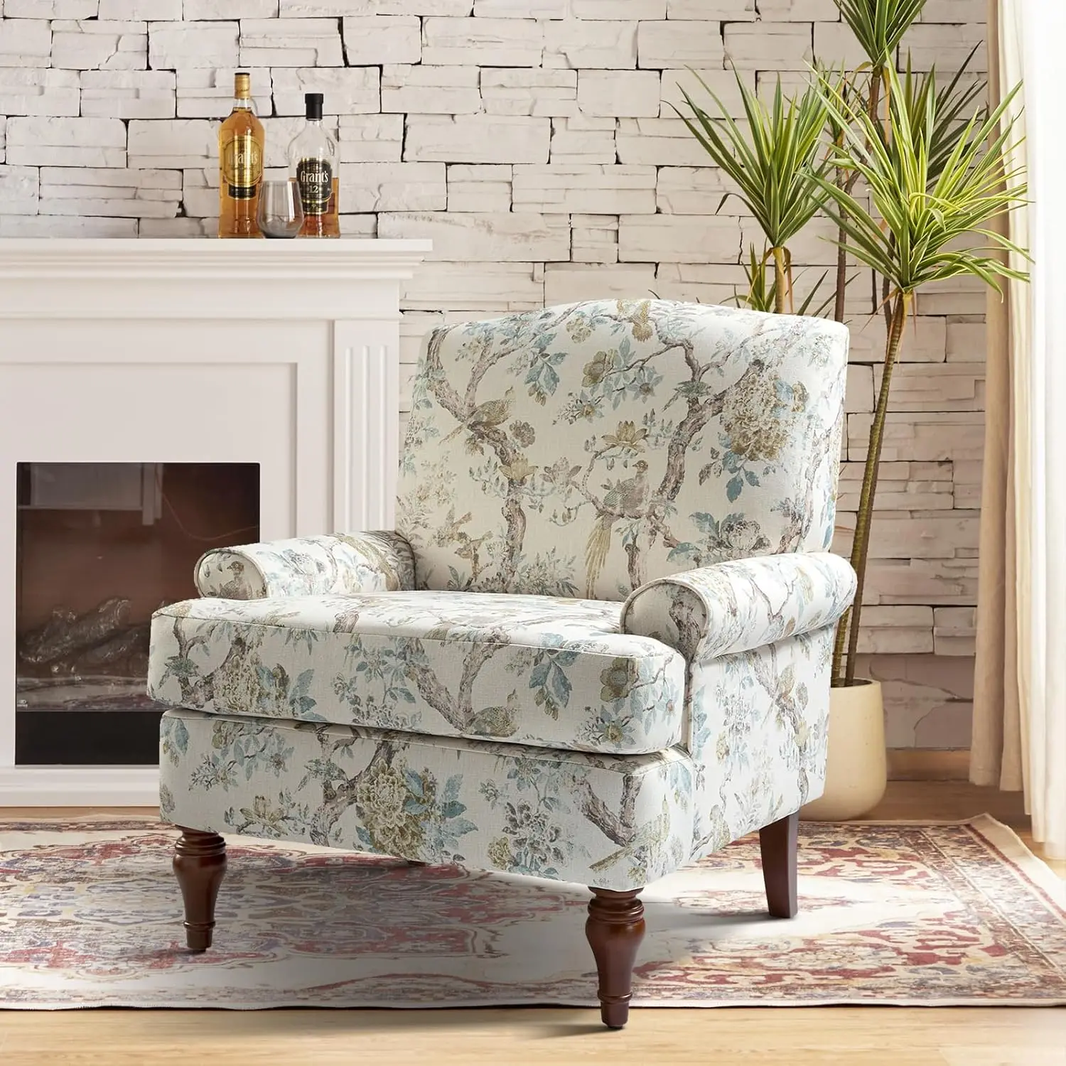 #Floral Accent Chair Solid Legs Removable Cushion Farmhouse Armchair Living Room Bedroom