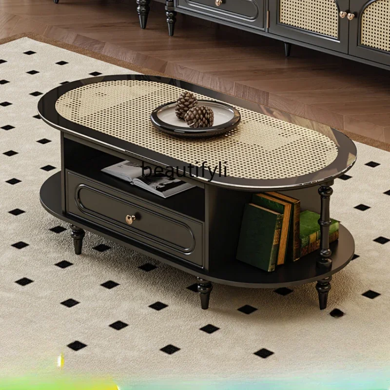 American retro tea table high-end rattan coffee table household living room small apartment tea table