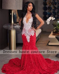 Red Sequined Mermaid Long Prom Dresses 2026 For Black Girls Rhinestones Crystals Birthday Party Gowns Evening Dresses Customized