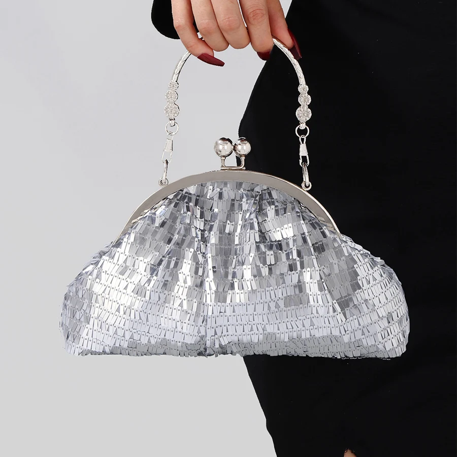 

Metal Handle Aluminum Cloud Dumpling Bag Women Party Dinner Bags Shell Clip Handbags Chains Shoulder Crossbody Bag Silver Clutch