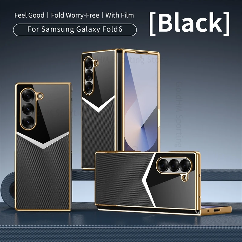

6D Plating V-shaped Leather Splice Phone Case For Samsung Z Fold 7 5G Tempered Glass Screen Protector Cover For Galaxy Z Fold6 5