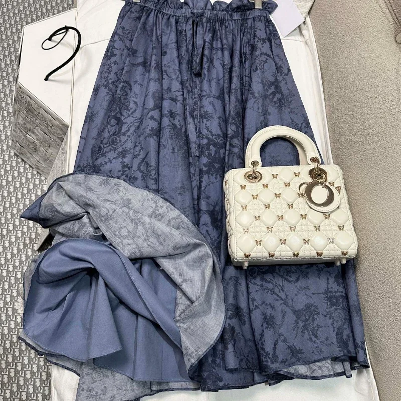 Grey Blue Pink Floral Pleat Ruffles Midi Skirt 2024 New Arrivials Spring Summer High Quality Clothes