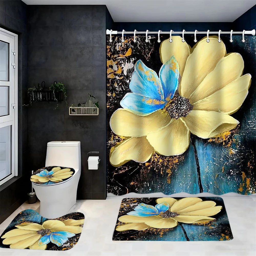 

Душевая занавеска с цветочным узором, набор для ванной, водонепроницаемый нескользящий коврик для ванной комнаты, туалетный коврик с 12 крючками, декор для дома