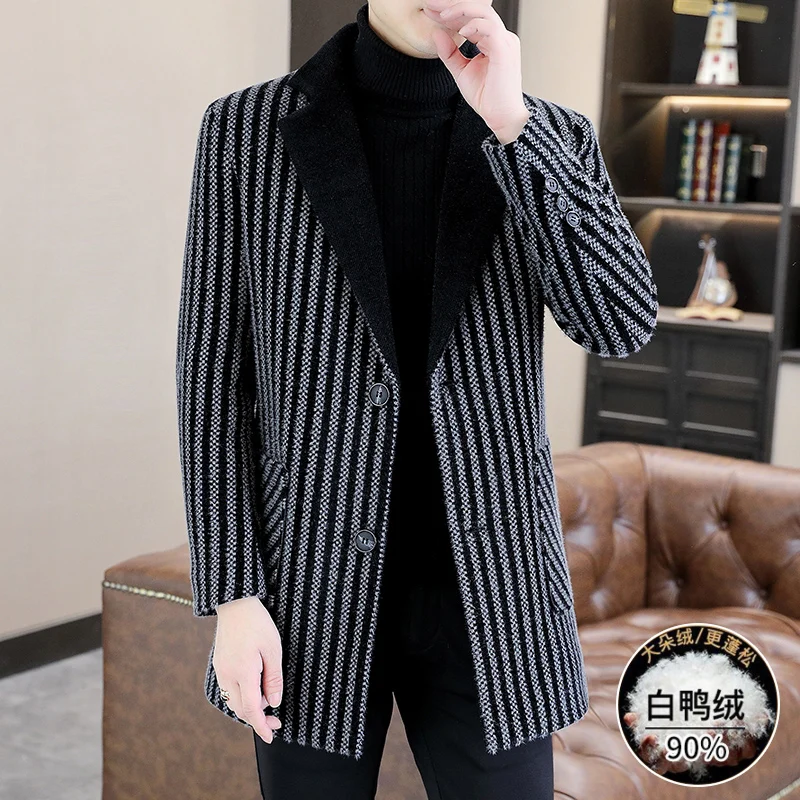 Classic Winter Men\'s Mid-Length Warm White Duck Down Woolen Coats Casual Striped Thicken Top Overcoat Outwear Windbreaker Jacket
