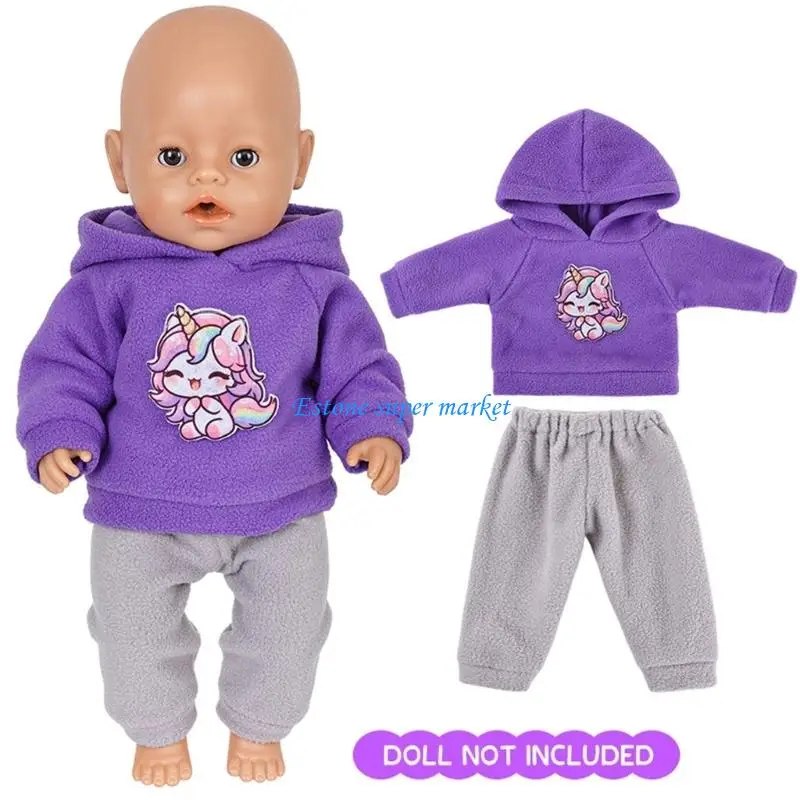 

090B Cartoon Design Doll Clothes with Hooded Sweatshirt Pants For Girl Pretend Play