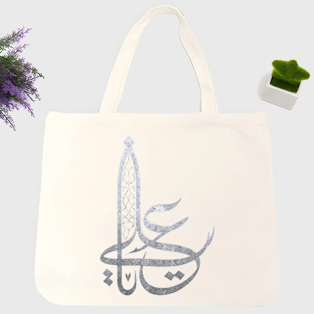 Men's artistic calligraphy print canvas tote bag, minimalist design for daily casual use