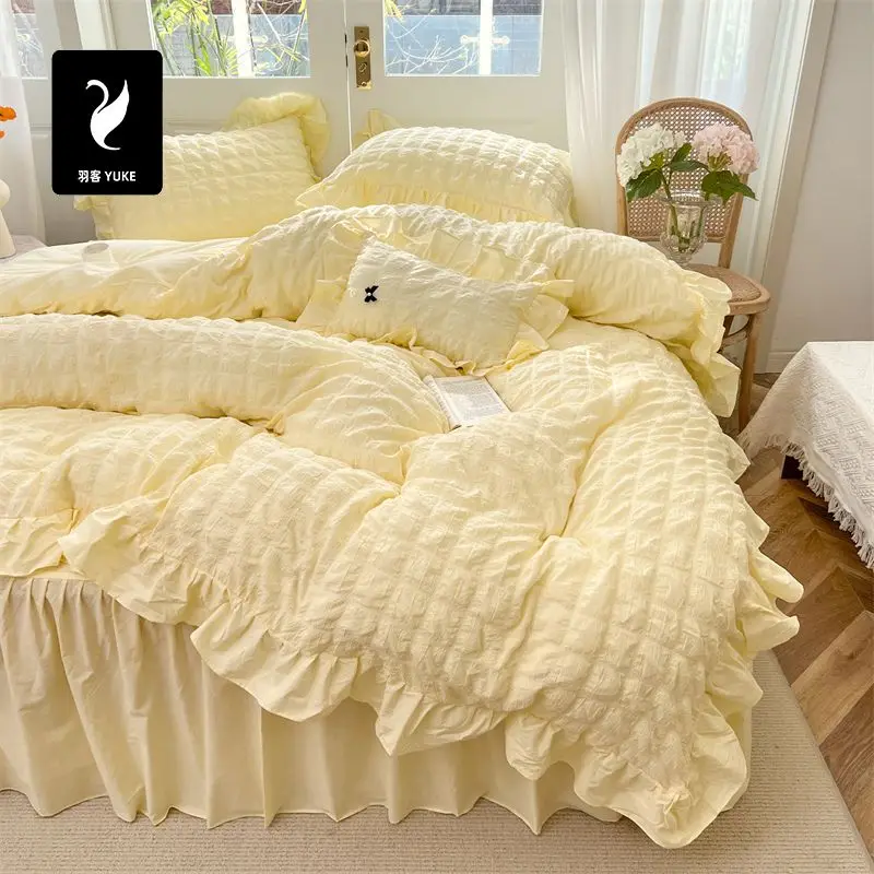 

Kawaii Princess Seersucker Bedding Set For Girls Washed Cotton Korean Style Luxury Ruffle Lace Quilt Cover Bed Skirt Sheet