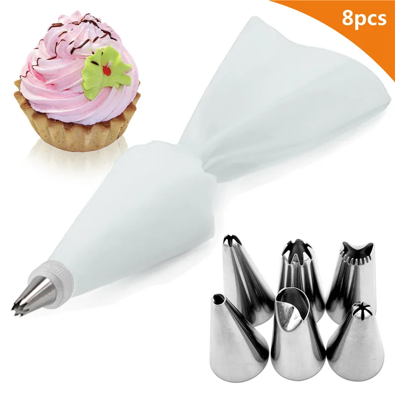 Silicone Glacê Piping Bag, Creme Pastelaria Bag, 6 Bocal De Bolo De Aço Inoxidável, Dicas De Decoração DIY, Ferramentas Fondant, 8Pcs por Saco