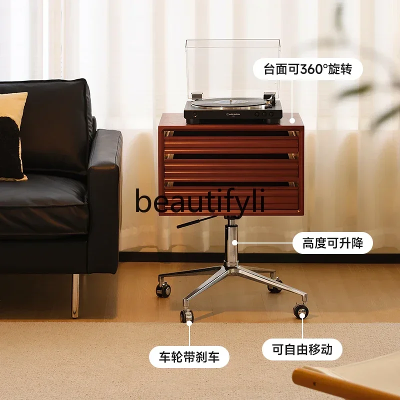 

SS Solid wood lifting rotating bedside table big head side cabinet sofa side few vinyl record projection stand