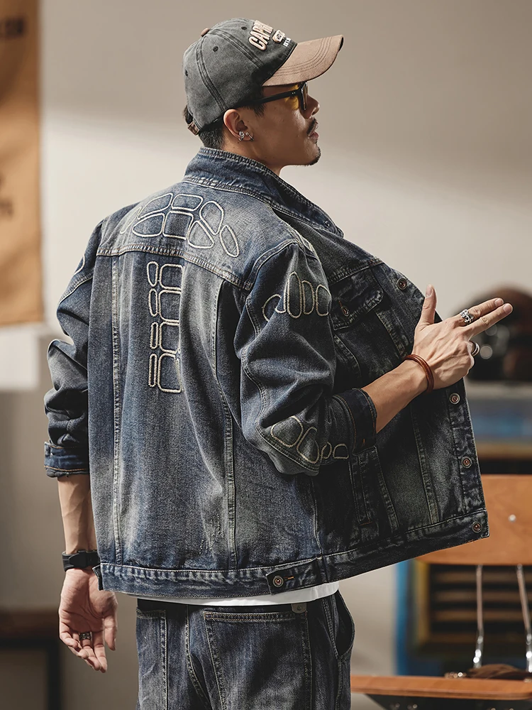 

American Retro Motorcycle Embroidery Stand Collar Jeans Jaet Men's Spring Autumn Loose Versatile Hard Man Cool Jaet Top