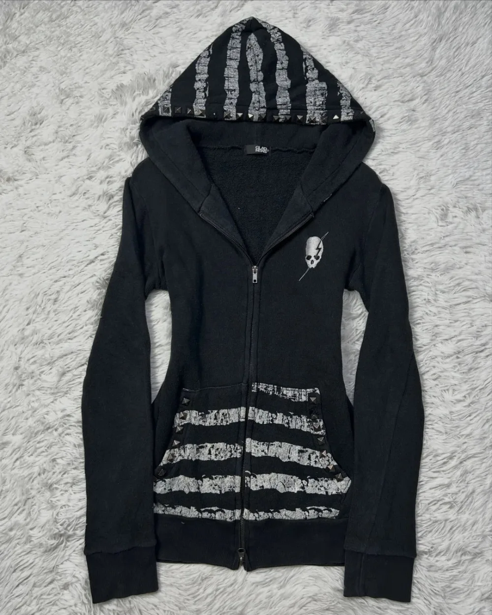 Y2K Punk Skull Stripe Graphic Print Sweatshirt Women Harajuku Black Slim Fit Long Sleeve Jacket Gothic Fashion Zip Up Hoodie