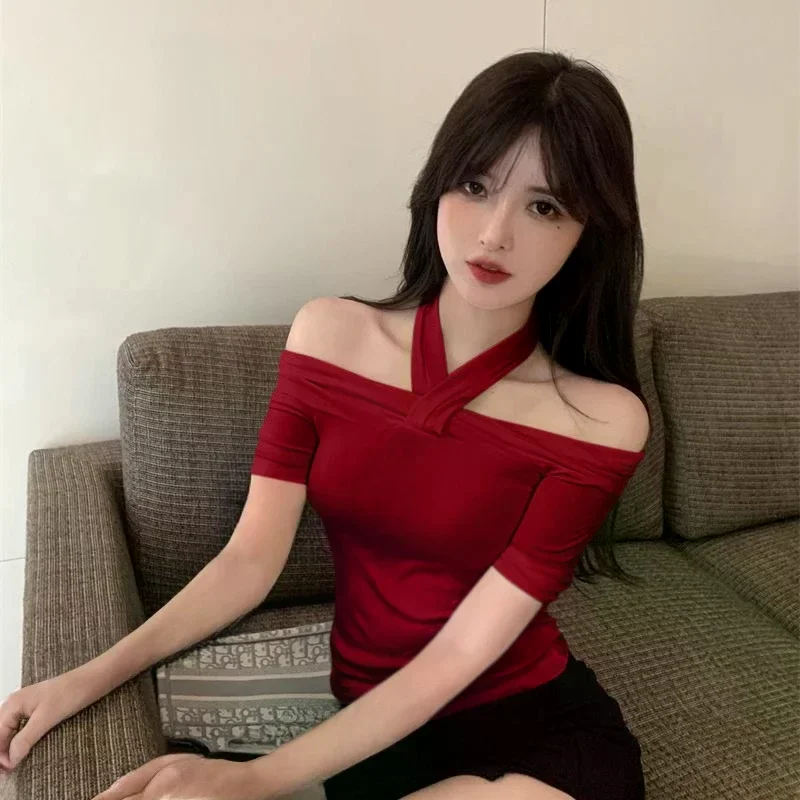 Pure Desire-Camiseta ajustada de manga larga con hombros descubiertos para mujer, Sexy, con cuello Halter, múltiples formas de usar