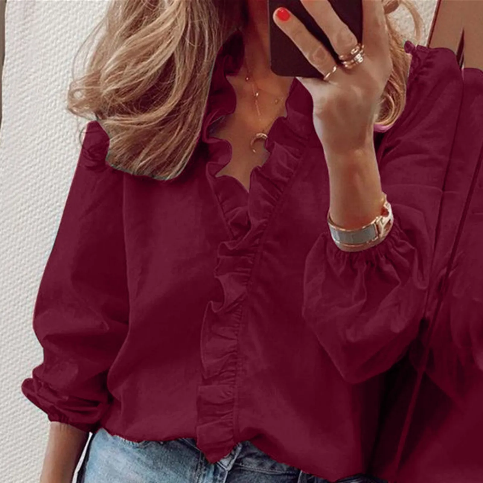 V-Neck Ruffles Elegant Shirt Long Sleeved Solid Color Loose Shirts Women’s Fashionable Casual 2024 New Autumn Blouse Tops