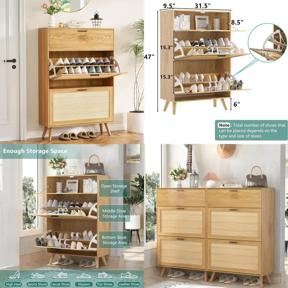 Freestanding Wooden Leg Shoe Storage Cabinet with Flip Drawers and Slim Organizer for Entrance