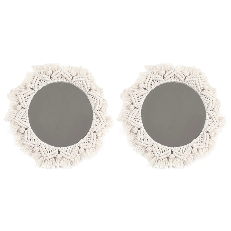 2x Macrame Spiegel Handgemaakt Tapijt Make-Up Spiegel Compact Bohemen Decoratie Huis Slaapkamer Decoratieve Spiegels